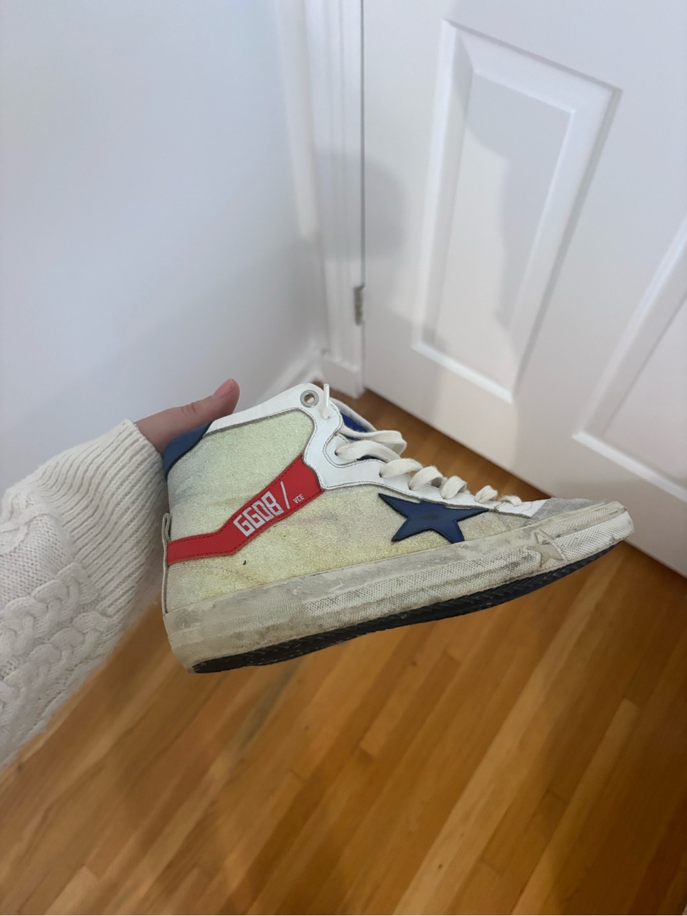 Golden Goose Style High-Top Sneaker in White with Blue Star and Red Accent